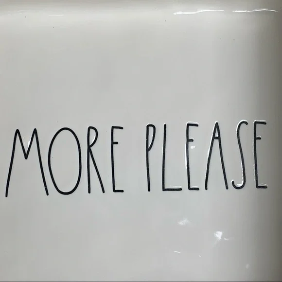 Rae Dunn MORE PLEASE Casserole Baking Dish White Black Large Letters Dimples NWT - Picture 3 of 12